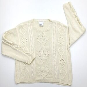VTG Talbots Sweater Women XL Ivory Cotton Angora‎ Chunky Cable Hand Knit Beaded